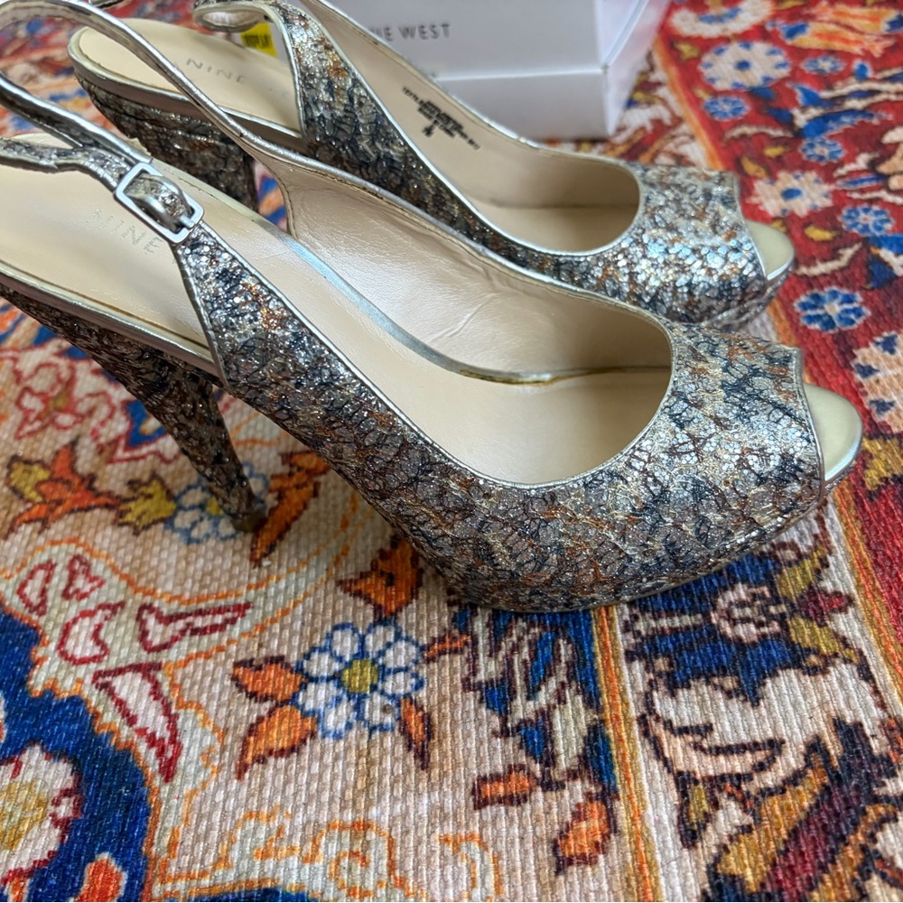 Nine West Silver Glitter Peep-Toe Slingback Heels